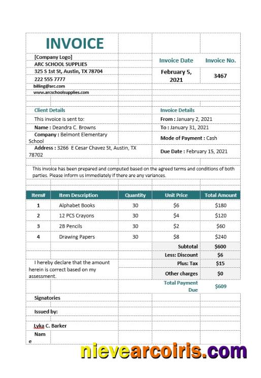 School Supply Order Invoice